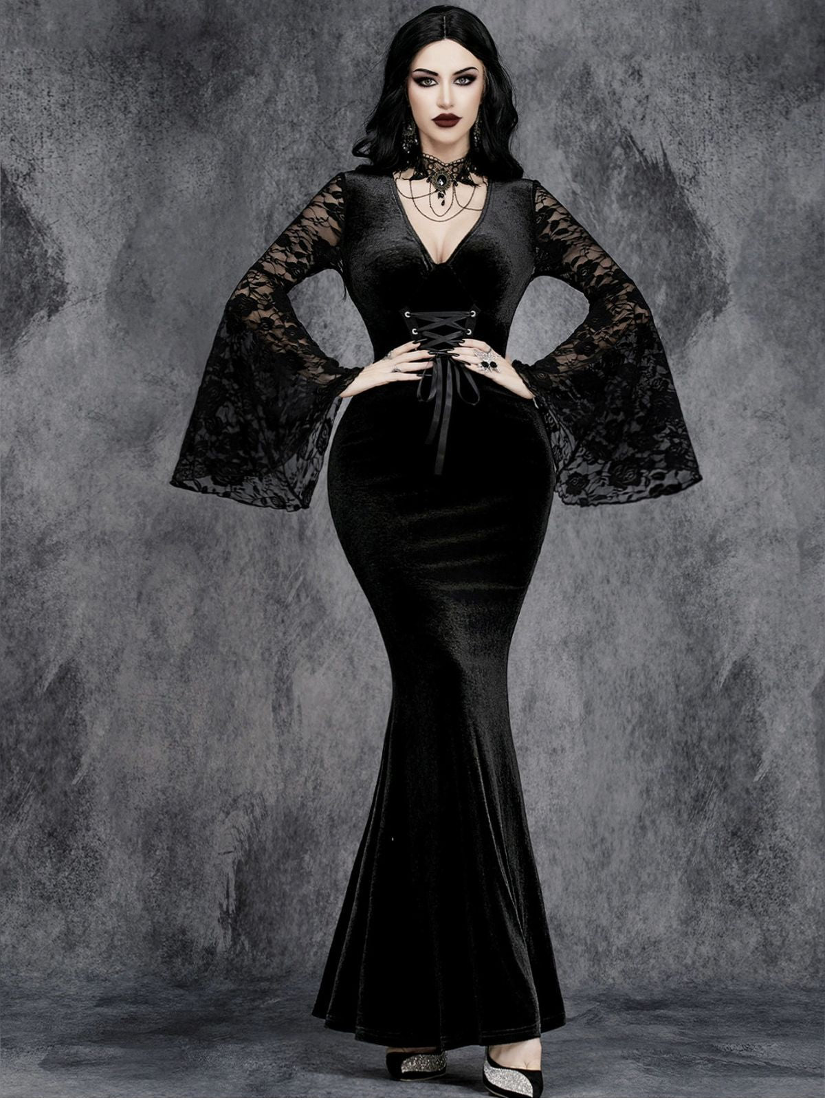 Black 1930s Halloween Lace Bell-Sleeve Bodycon Maxi Dress