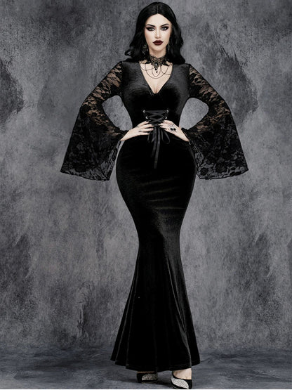Black 1930s Halloween Lace Bell-Sleeve Bodycon Maxi Dress