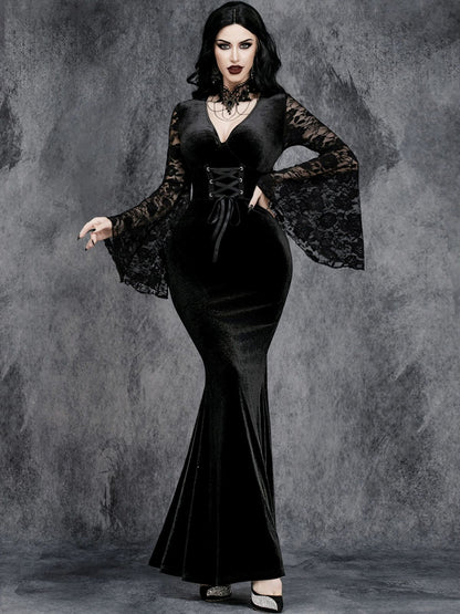 Black 1930s Halloween Lace Bell-Sleeve Bodycon Maxi Dress