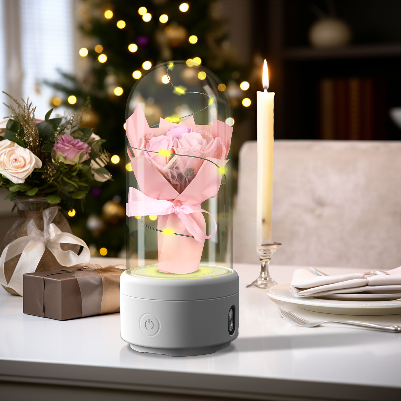 Creative 2 In 1 Bouquet LED Light And Bluetooth-compatible Speaker Mother's Valentine's Day Gift Rose Luminous Night Light Ornament In Glass Cover