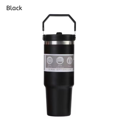 30oz Large Capacity Portable Car Cup Stainless Steel Thermos Cup with Straw & Handle Travel Sports Water Bottle Vacuum Flask