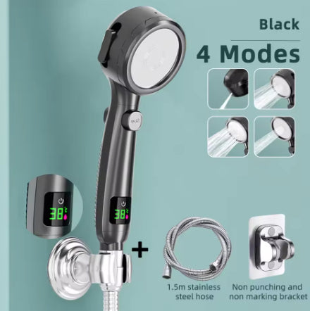 High Pressure Handheld Bathroom Shower Head Water Saving Showerhead Pressurized Adjustable Spray LED Digital Temperature Display