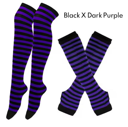 2Pairs/Set Women Gothic Punk Over Knee Long Stripe Socks Girl Arm Sleeve Gloves Thigh High Cotton Socks Sweet Cute Christmas Gift