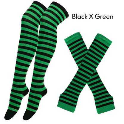 2Pairs/Set Women Gothic Punk Over Knee Long Stripe Socks Girl Arm Sleeve Gloves Thigh High Cotton Socks Sweet Cute Christmas Gift