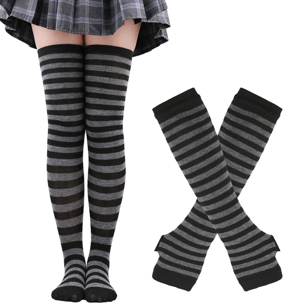 2Pairs/Set Women Gothic Punk Over Knee Long Stripe Socks Girl Arm Sleeve Gloves Thigh High Cotton Socks Sweet Cute Christmas Gift