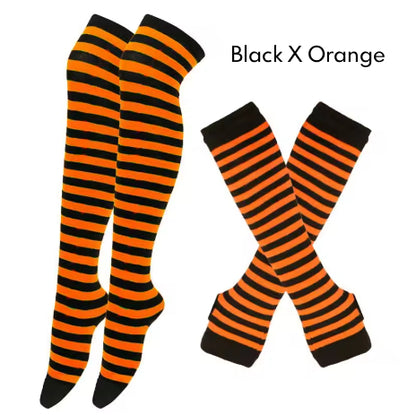 2Pairs/Set Women Gothic Punk Over Knee Long Stripe Socks Girl Arm Sleeve Gloves Thigh High Cotton Socks Sweet Cute Christmas Gift