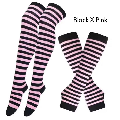 2Pairs/Set Women Gothic Punk Over Knee Long Stripe Socks Girl Arm Sleeve Gloves Thigh High Cotton Socks Sweet Cute Christmas Gift