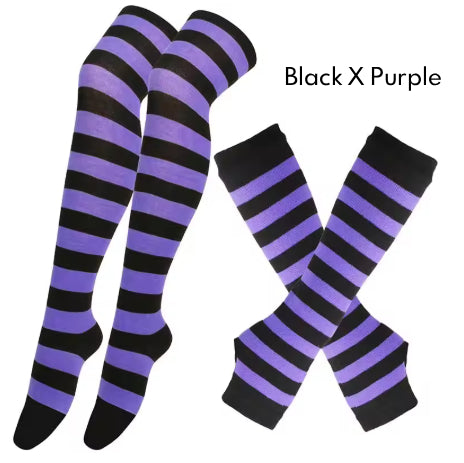 2Pairs/Set Women Gothic Punk Over Knee Long Stripe Socks Girl Arm Sleeve Gloves Thigh High Cotton Socks Sweet Cute Christmas Gift
