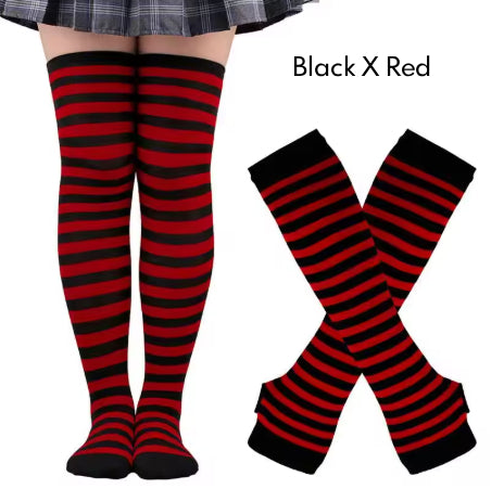 2Pairs/Set Women Gothic Punk Over Knee Long Stripe Socks Girl Arm Sleeve Gloves Thigh High Cotton Socks Sweet Cute Christmas Gift