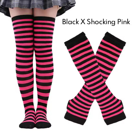 2Pairs/Set Women Gothic Punk Over Knee Long Stripe Socks Girl Arm Sleeve Gloves Thigh High Cotton Socks Sweet Cute Christmas Gift