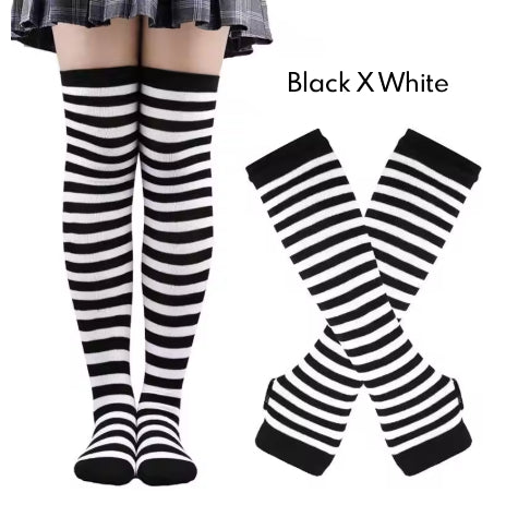 2Pairs/Set Women Gothic Punk Over Knee Long Stripe Socks Girl Arm Sleeve Gloves Thigh High Cotton Socks Sweet Cute Christmas Gift