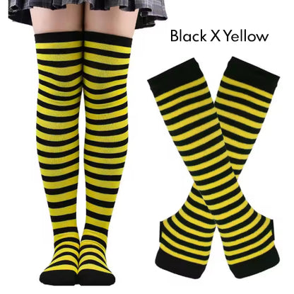 2Pairs/Set Women Gothic Punk Over Knee Long Stripe Socks Girl Arm Sleeve Gloves Thigh High Cotton Socks Sweet Cute Christmas Gift