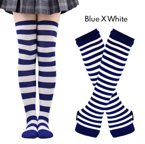 2Pairs/Set Women Gothic Punk Over Knee Long Stripe Socks Girl Arm Sleeve Gloves Thigh High Cotton Socks Sweet Cute Christmas Gift