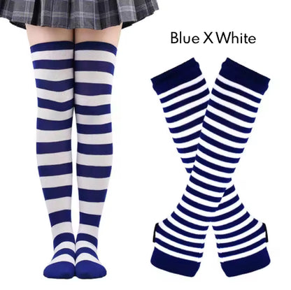 2Pairs/Set Women Gothic Punk Over Knee Long Stripe Socks Girl Arm Sleeve Gloves Thigh High Cotton Socks Sweet Cute Christmas Gift