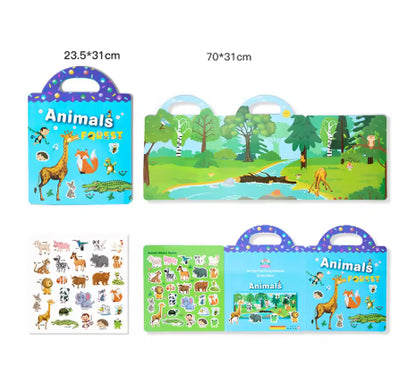 Reusable Cartoon Sticker Book for Kids Multiple Scenos DIY Puzzle Game Educational Learning Classic Toys for Child Age 2-4 Gifts