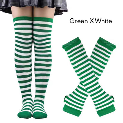 2Pairs/Set Women Gothic Punk Over Knee Long Stripe Socks Girl Arm Sleeve Gloves Thigh High Cotton Socks Sweet Cute Christmas Gift