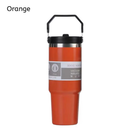 30oz Large Capacity Portable Car Cup Stainless Steel Thermos Cup with Straw & Handle Travel Sports Water Bottle Vacuum Flask