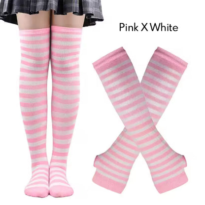 2Pairs/Set Women Gothic Punk Over Knee Long Stripe Socks Girl Arm Sleeve Gloves Thigh High Cotton Socks Sweet Cute Christmas Gift