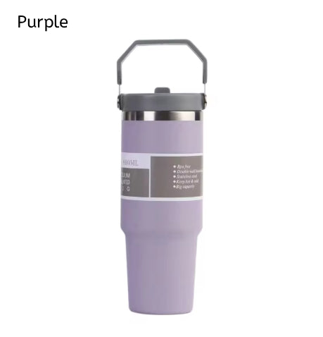 30oz Large Capacity Portable Car Cup Stainless Steel Thermos Cup with Straw & Handle Travel Sports Water Bottle Vacuum Flask
