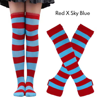 2Pairs/Set Women Gothic Punk Over Knee Long Stripe Socks Girl Arm Sleeve Gloves Thigh High Cotton Socks Sweet Cute Christmas Gift