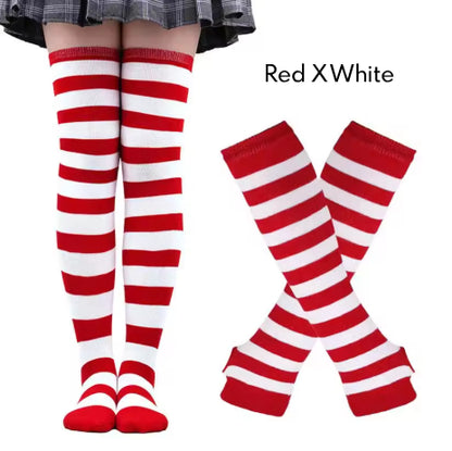 2Pairs/Set Women Gothic Punk Over Knee Long Stripe Socks Girl Arm Sleeve Gloves Thigh High Cotton Socks Sweet Cute Christmas Gift