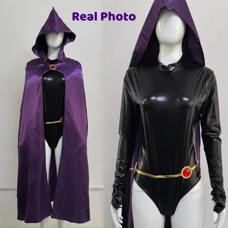 Women's TeenTitans-Raven Cosplay Costume Jumpsuit Purple Cloak with Belt Halloween Costume Uniform for Girls