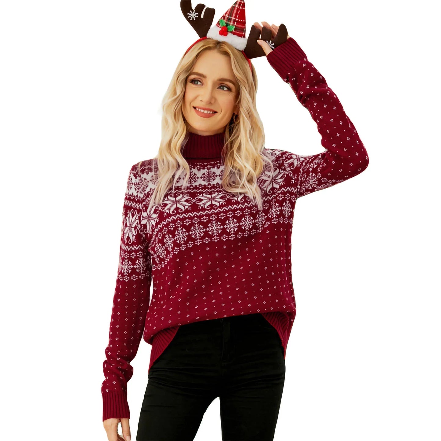 Women s Christmas Snowflake Knitted Sweater Long Sleeve High-neck Print Christmas Pullover Knitwear