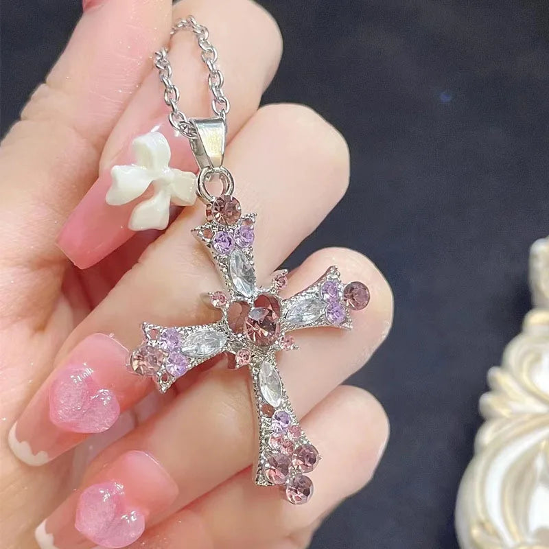 Women's Fashion Personality rhinestone pendant pink and purple Cross necklace