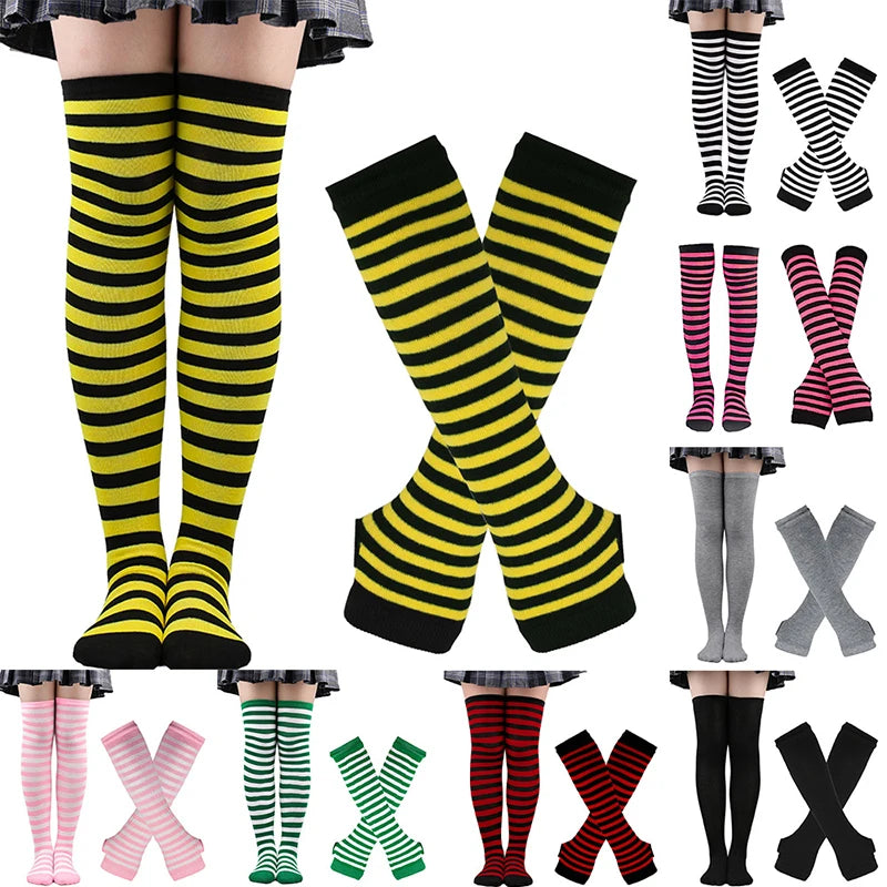 2Pairs/Set Women Gothic Punk Over Knee Long Stripe Socks Girl Arm Sleeve Gloves Thigh High Cotton Socks Sweet Cute Christmas Gift