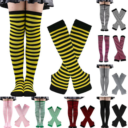 2Pairs/Set Women Gothic Punk Over Knee Long Stripe Socks Girl Arm Sleeve Gloves Thigh High Cotton Socks Sweet Cute Christmas Gift