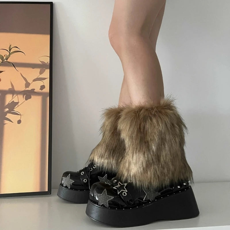 Japanese Women Faux Fur Leg Warmers Boot Covers Y2K Goth Solid Leg Socks Punk Jk Knee-length Hiphop Hotgirl Fashion Warm Sock