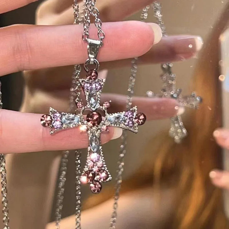 Women's Fashion Personality rhinestone pendant pink and purple Cross necklace