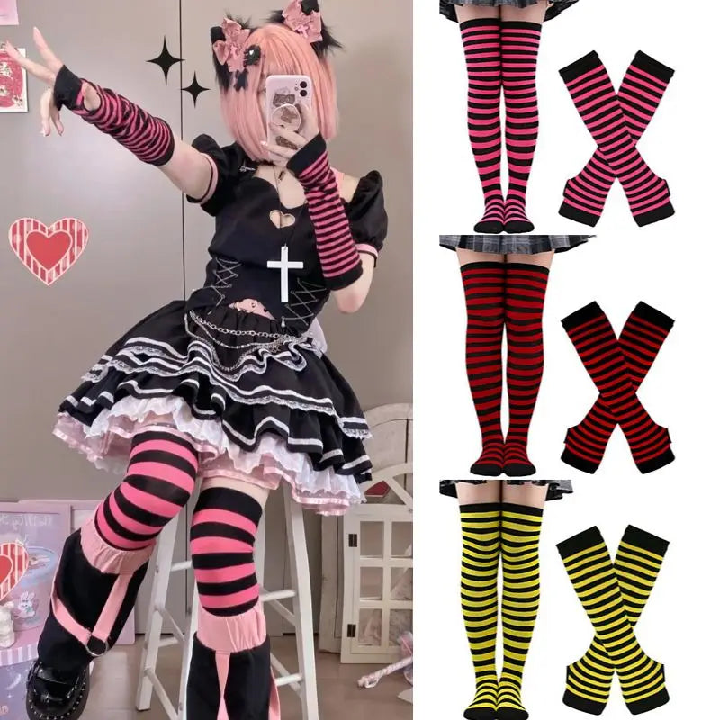 2Pairs/Set Women Gothic Punk Over Knee Long Stripe Socks Girl Arm Sleeve Gloves Thigh High Cotton Socks Sweet Cute Christmas Gift