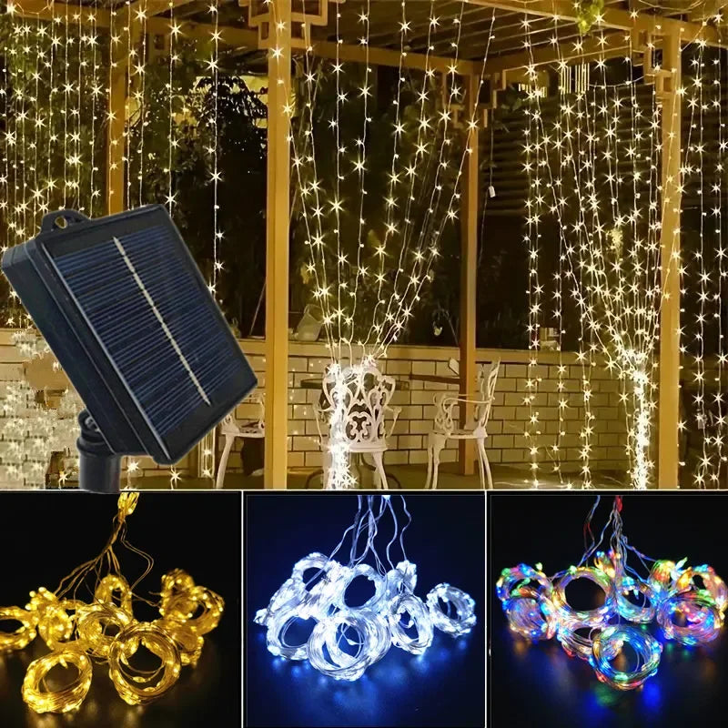 600/300 LED Solar Curtain Lights Outdoor Fairy Lights LED Lights Christmas Wedding Decorations String Lights Garden Decor