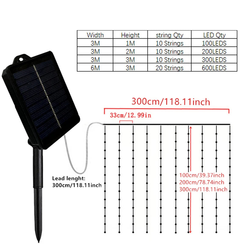 600/300 LED Solar Curtain Lights Outdoor Fairy Lights LED Lights Christmas Wedding Decorations String Lights Garden Decor