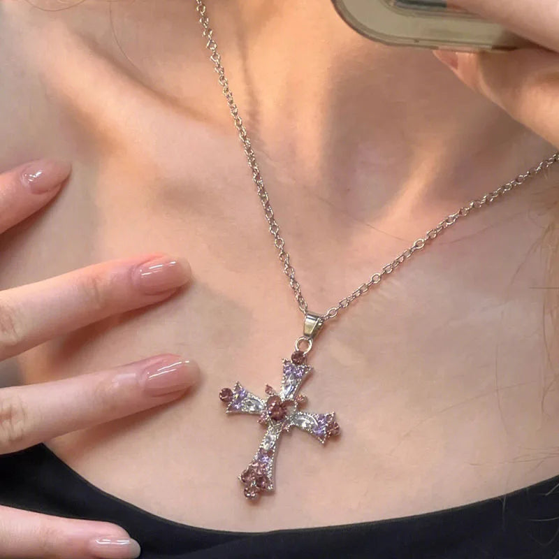 Women's Fashion Personality rhinestone pendant pink and purple Cross necklace