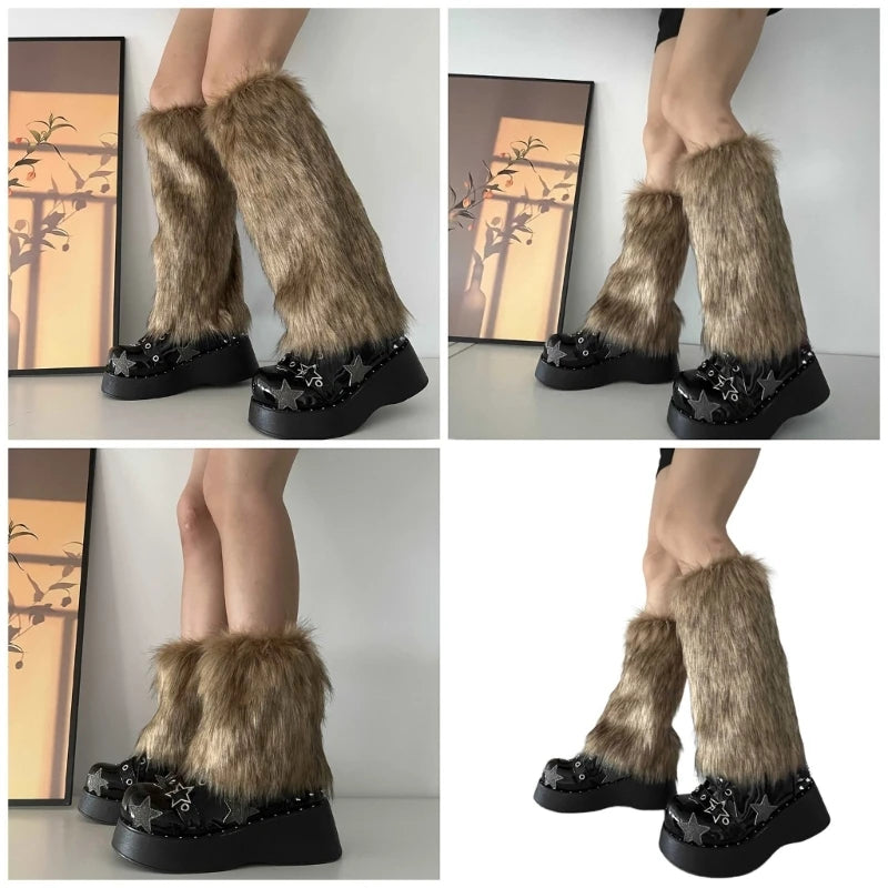 Japanese Women Faux Fur Leg Warmers Boot Covers Y2K Goth Solid Leg Socks Punk Jk Knee-length Hiphop Hotgirl Fashion Warm Sock