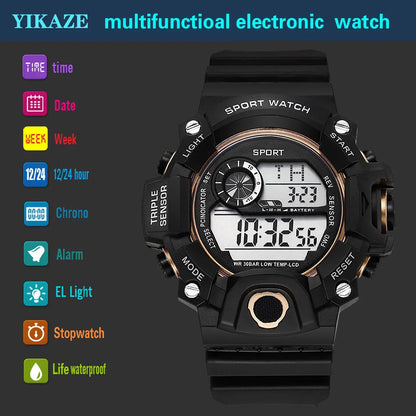 Fashion Men's Watch Sports Electronic Wristwatch Large dial Multifunctional Waterproof Luminous Alarm Kids Male's Military Watch