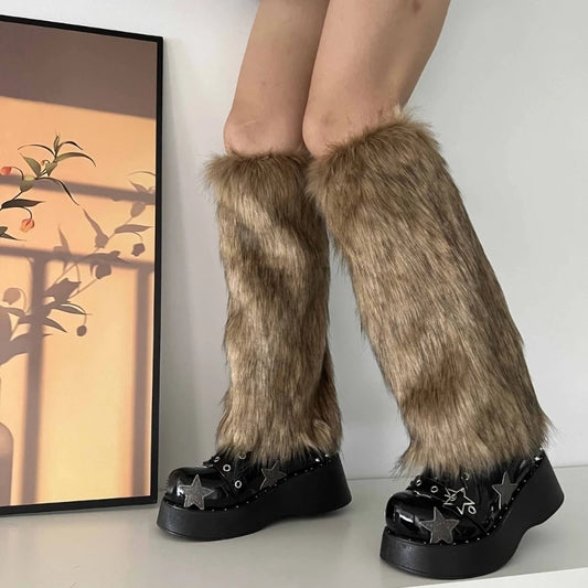 Japanese Women Faux Fur Leg Warmers Boot Covers Y2K Goth Solid Leg Socks Punk Jk Knee-length Hiphop Hotgirl Fashion Warm Sock