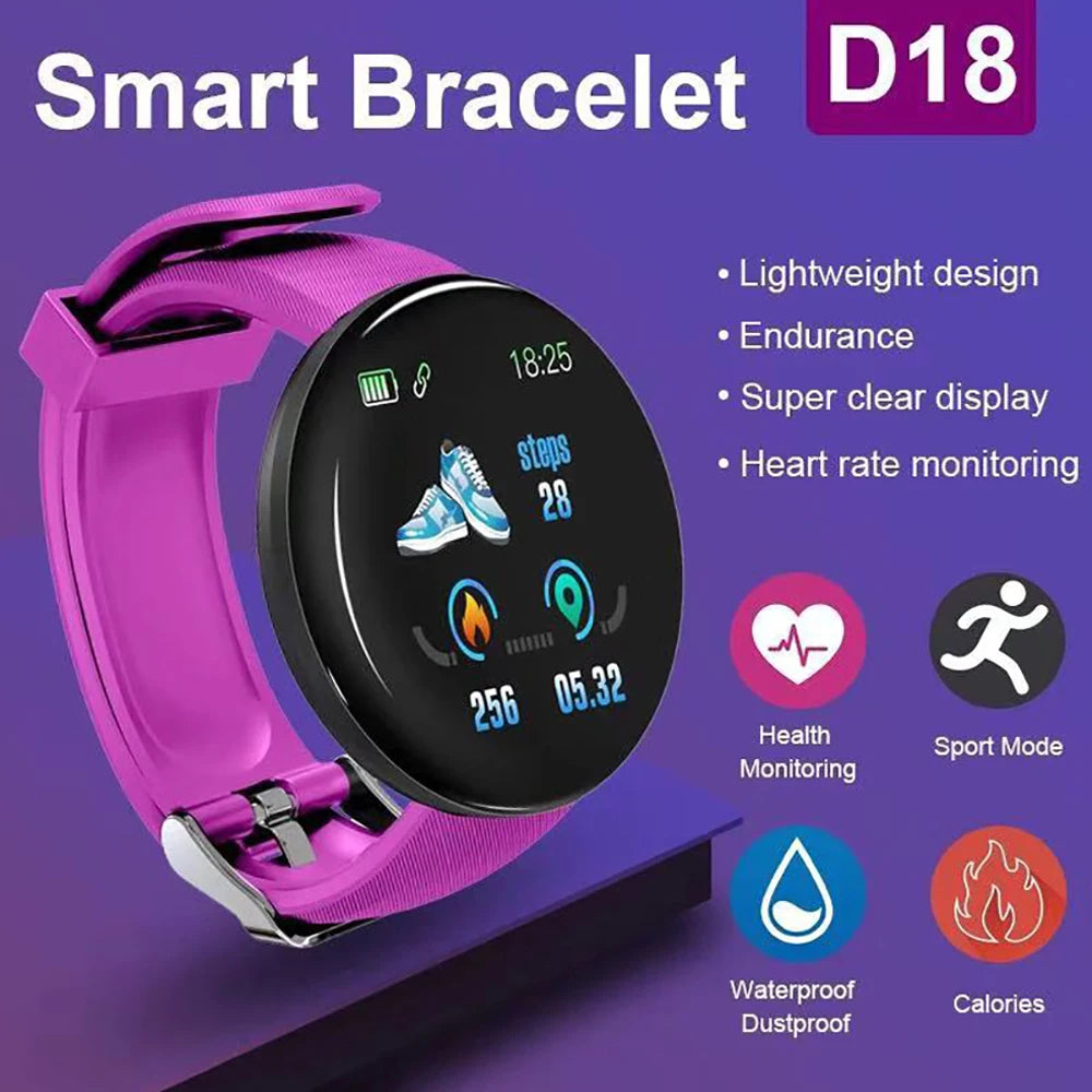 New D18 Smart Watch Heart Rate Monitor Men's Women's Smartwatch Round Fitness Digital Watches for Men Women Band Bracelet