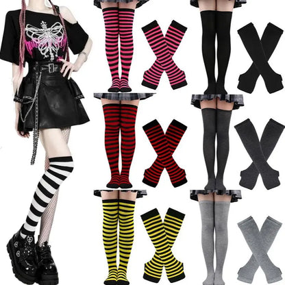2Pairs/Set Women Gothic Punk Over Knee Long Stripe Socks Girl Arm Sleeve Gloves Thigh High Cotton Socks Sweet Cute Christmas Gift