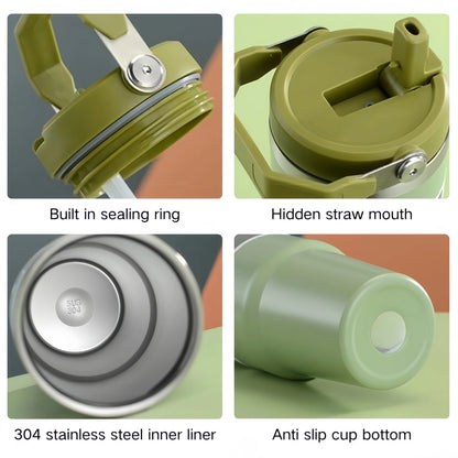 30oz Large Capacity Portable Car Cup Stainless Steel Thermos Cup with Straw & Handle Travel Sports Water Bottle Vacuum Flask