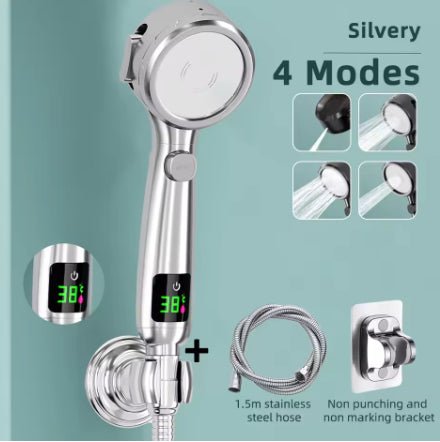 High Pressure Handheld Bathroom Shower Head Water Saving Showerhead Pressurized Adjustable Spray LED Digital Temperature Display