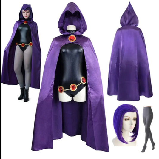 Women's TeenTitans-Raven Cosplay Costume Jumpsuit Purple Cloak with Belt Halloween Costume Uniform for Girls