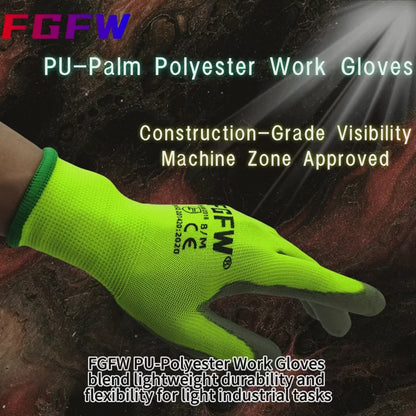 10 Pairs PU Coated Work Gloves - Lightweight, Durable Safety Gloves EN 388/ISO20471 Certified, Sizes S/M/L/XL