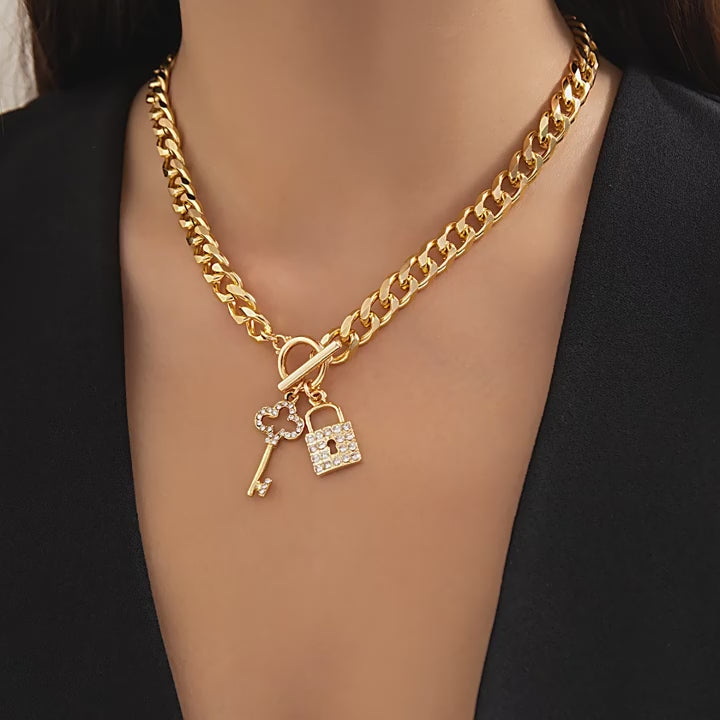 Thick Chain With Shiny Lock And lucky Key Pendant Necklace For Women Trendy Ladies Accessories On The Neck Fashion Jewelry Female